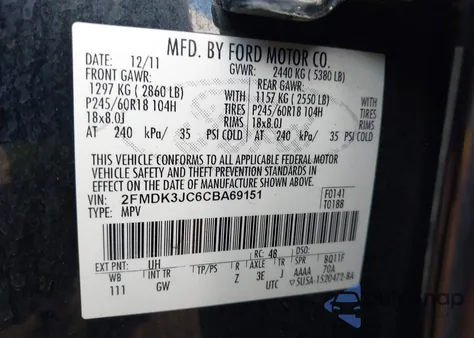 2012 Ford Edge Sel z USA, uszkodzony, nr VIN 2FMDK3JC6CBA69151